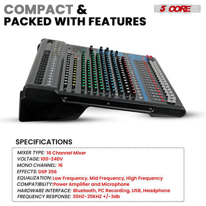 5Core Audio DJ Mixer 16 Channel Sound Board Console W 24 SPX Effect 48V Phantom Power